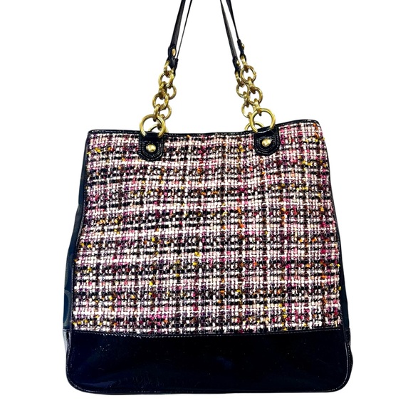 RARE COACH POPPY GALAXY TWEED TOTE PATENT LEATHER TRIM PUSHLOCK 2 TAGS & CHARM - Picture 2 of 15